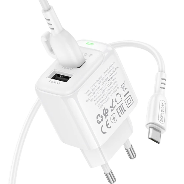 Сетевое зарядное устройство BOROFONE BAS41A + кабель micro USB White (6941991113765) Тип кабеля USB х micro-USB