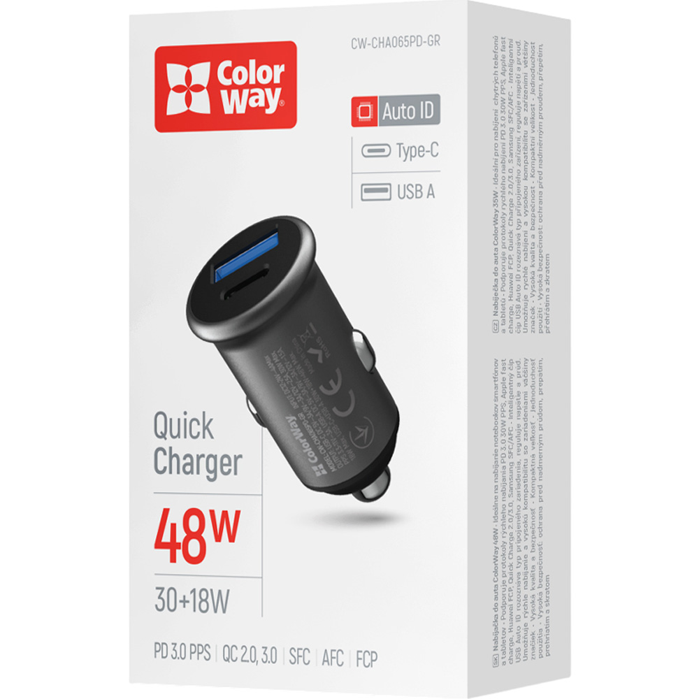 Автомобільний зарядний пристрій COLORWAY 2USB 48W Type-C PD 30W + USB QC3.0 18W Grey (CW-CHA065PD-GR) Вихідний роз'єм USB