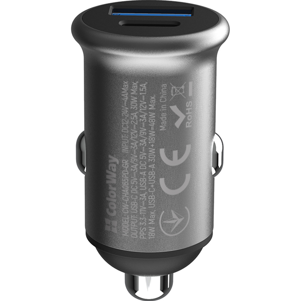 Автомобільний зарядний пристрій COLORWAY 2USB 48W Type-C PD 30W + USB QC3.0 18W Grey (CW-CHA065PD-GR) Кабель відсутній