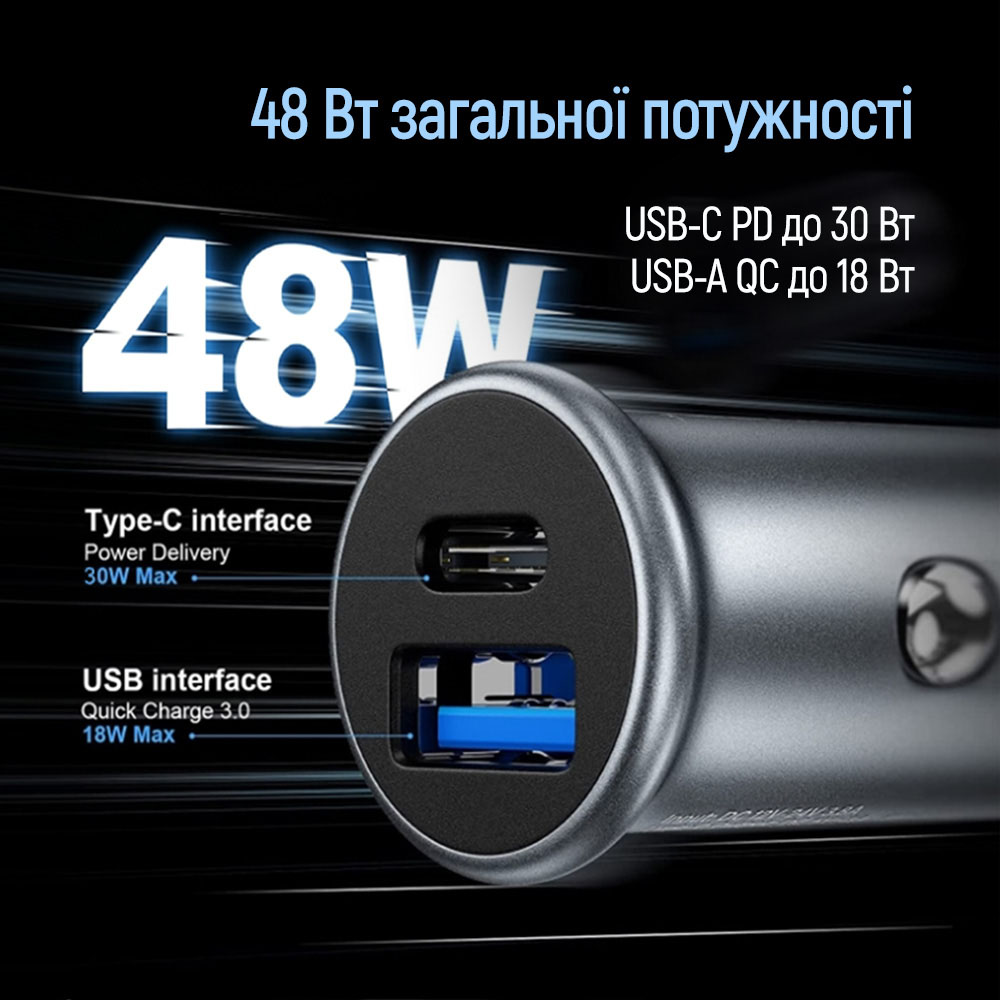 Фото Автомобільний зарядний пристрій COLORWAY 2USB 48W Type-C PD 30W + USB QC3.0 18W Grey (CW-CHA065PD-GR)