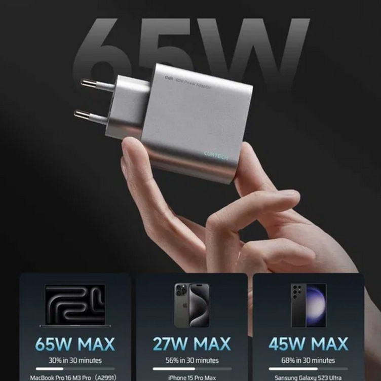 Зовнішній вигляд Зарядний пристрій CUKTECH 65W GaN 2C1A Grey (AD653CEU)