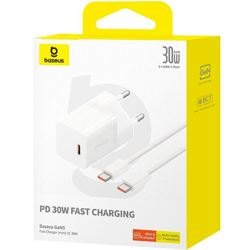 Зображення Зарядний пристрій BASEUS GaN5 Mini Fast Charger Type-C 30W Cable Type-C 1 m White (P10110902213-00)