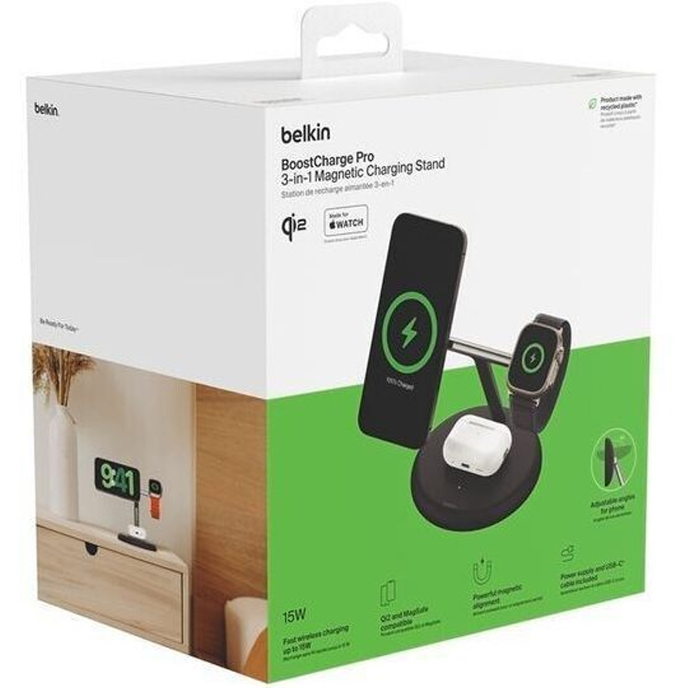 Беспроводное зарядное устройство BELKIN Magnetic Adjustable Pad Qi2 3в1 15Вт Black (WIZ023VFBK) Количество беспроводных зон 3