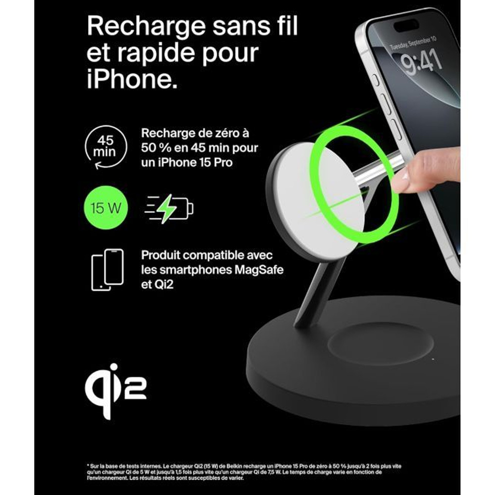 Беспроводное зарядное устройство BELKIN Magnetic Pad Qi2 3в1 15Вт Black (WIZ032KQBK) Мощность 15