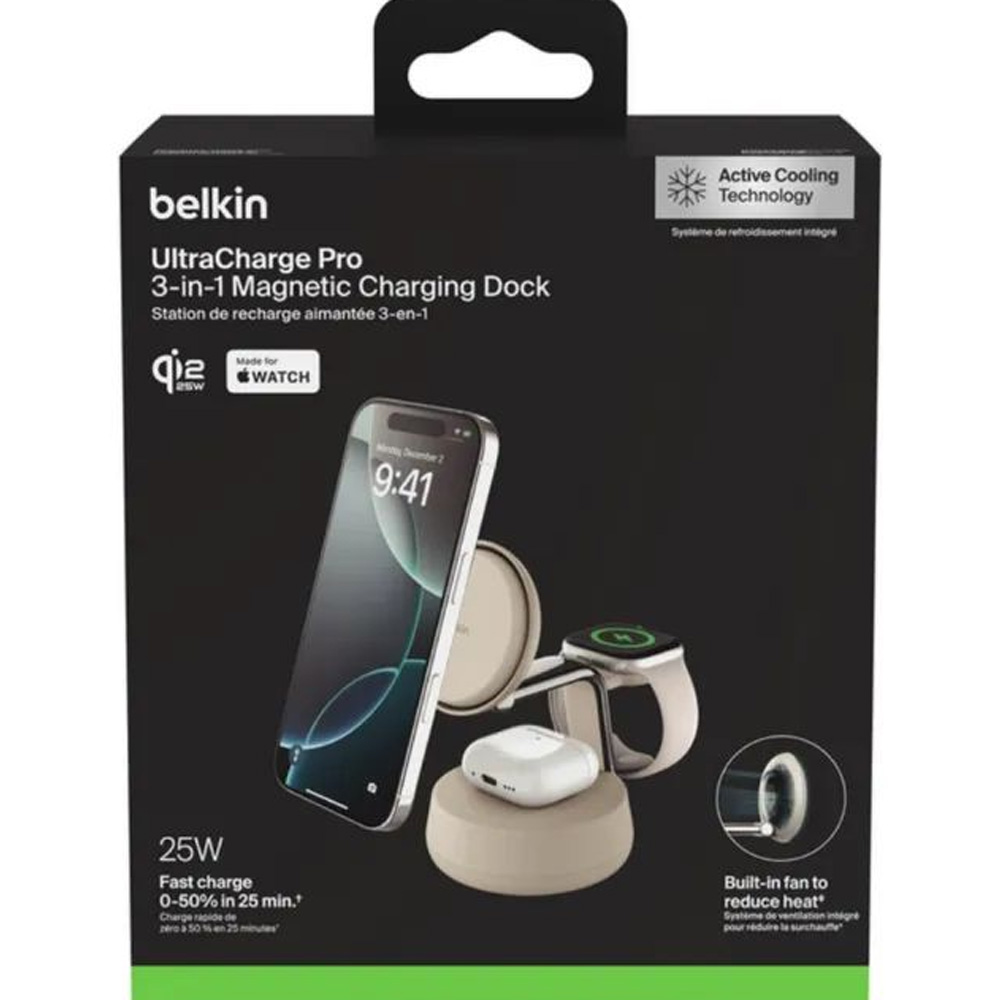 Фото Беспроводное зарядное устройство BELKIN UltraCharge Pro 3в1 Magnetic Charging Dock 25Вт Sand (WIZ040KQSD)