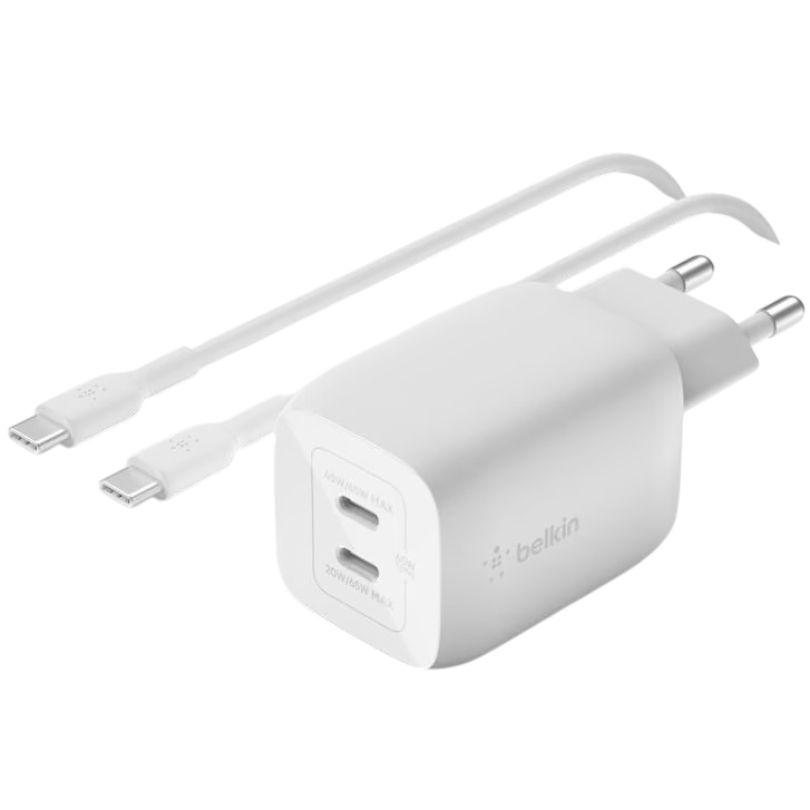 Сетевое зарядное устройство BELKIN 65 Вт 2хUSB-С GAN PD PPS, кабель USB-С > USB-C 2 м White (WCH013VF2MWH-B6)