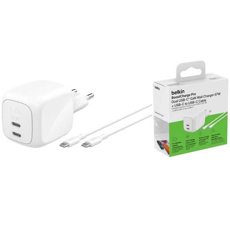 Сетевое зарядное устройство BELKIN 67 Вт 2хUSB-С GAN PD PPS, кабель USB-С > USB-C 2м White (WCH020KQ2MWH-B6) Тип кабеля USB Type-С