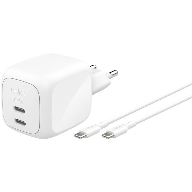 Сетевое зарядное устройство BELKIN 67 Вт 2хUSB-С GAN PD PPS, кабель USB-С > USB-C 2м White (WCH020KQ2MWH-B6)