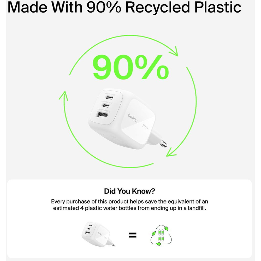 Сетевое зарядное устройство BELKIN 70Вт 2хUSB-С/USB-A GAN PD PPS White (WCH018HQWH) Выходной разъем USB Type-C