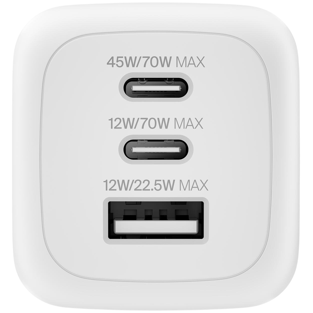 Сетевое зарядное устройство BELKIN 70Вт 2хUSB-С/USB-A GAN PD PPS White (WCH018HQWH) Кабель отсутствует