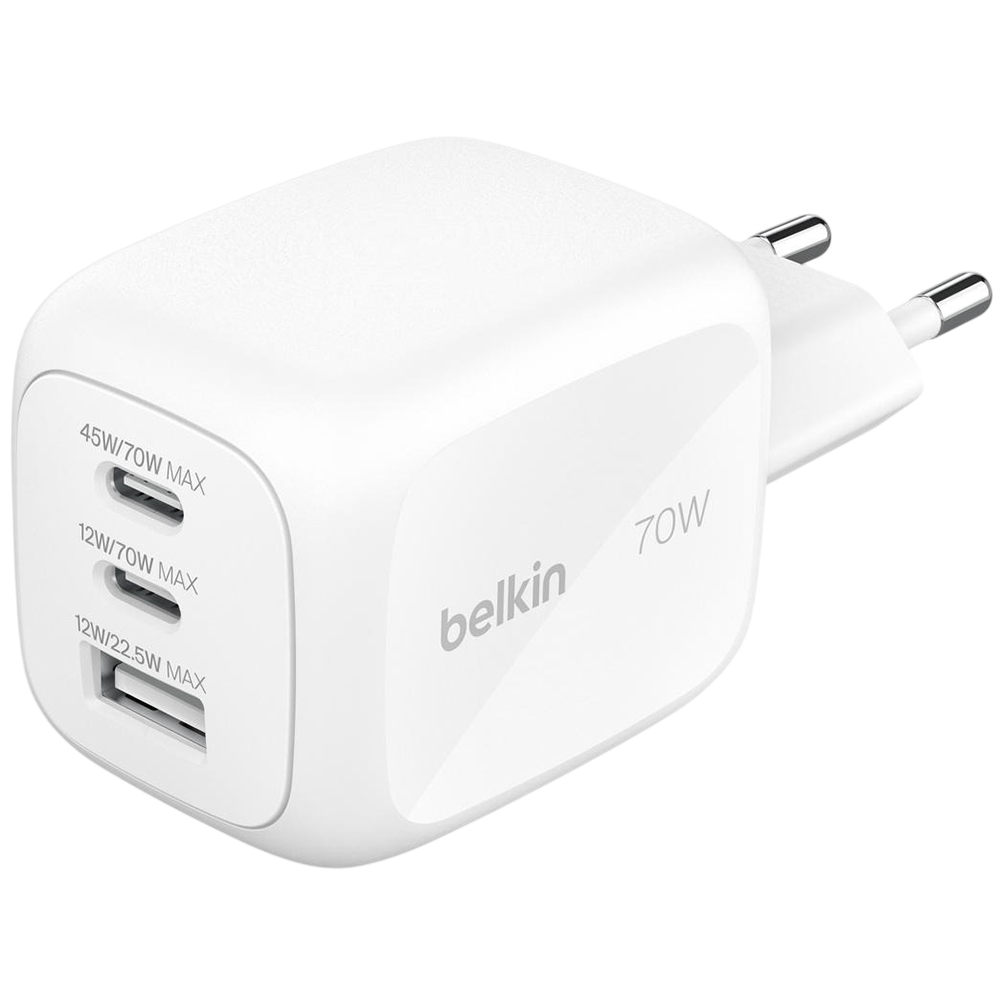 Сетевое зарядное устройство BELKIN 70Вт 2хUSB-С/USB-A GAN PD PPS White (WCH018HQWH)