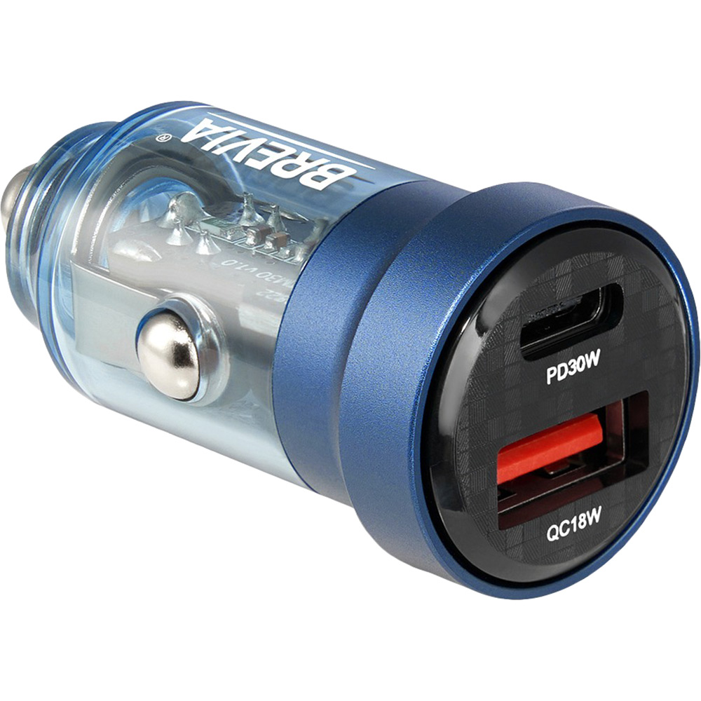 Автомобільний зарядний пристрій Brevia ePower DualCharge 30W 1xUSB-C+1xUSB-A Transparent Blue (46530CABL)