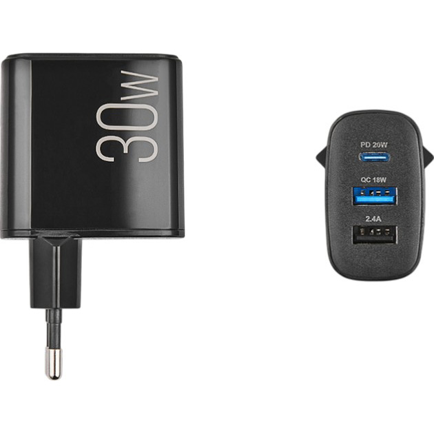 Сетевое зарядное устройство BREVIA ePower PD20W+QC18W+12W Black (45030DUCB) Мощность 30