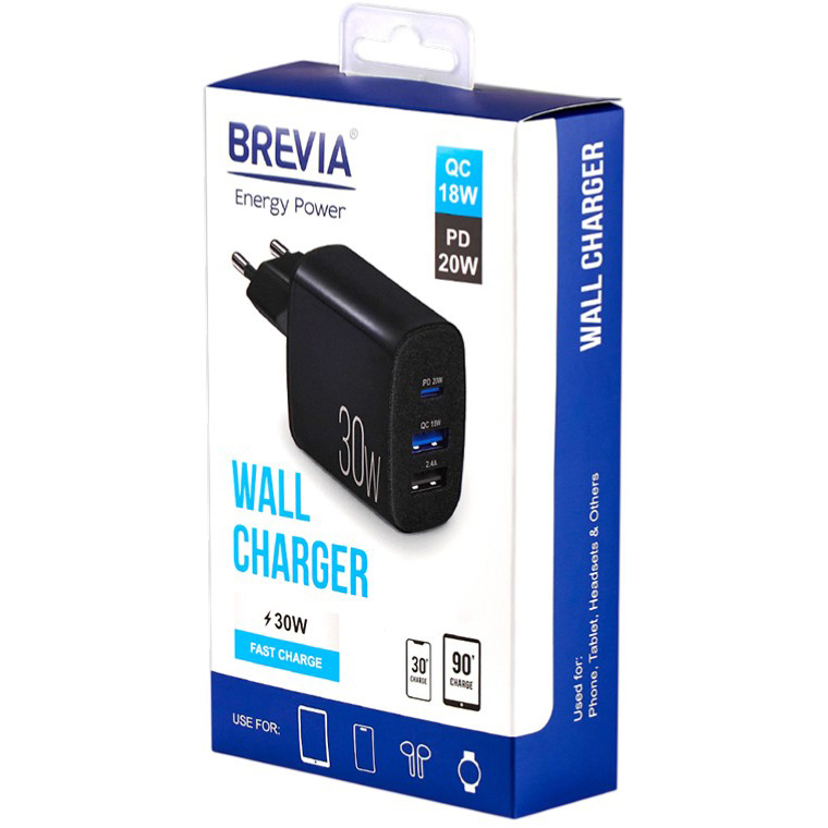 Сетевое зарядное устройство BREVIA ePower PD20W+QC18W+12W Black (45030DUCB) Выходной разъем USB Type-C