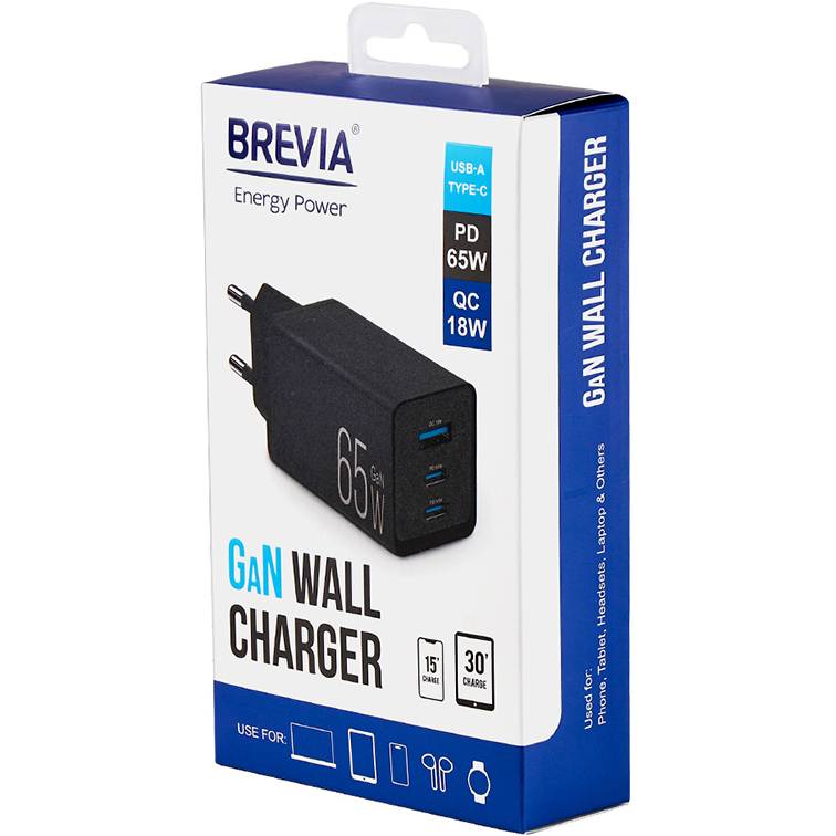 Внешний вид Сетевое зарядное устройство BREVIA ePowerGaN PD65W 2xUSB-C+USB-A Black (44065GDCUB)