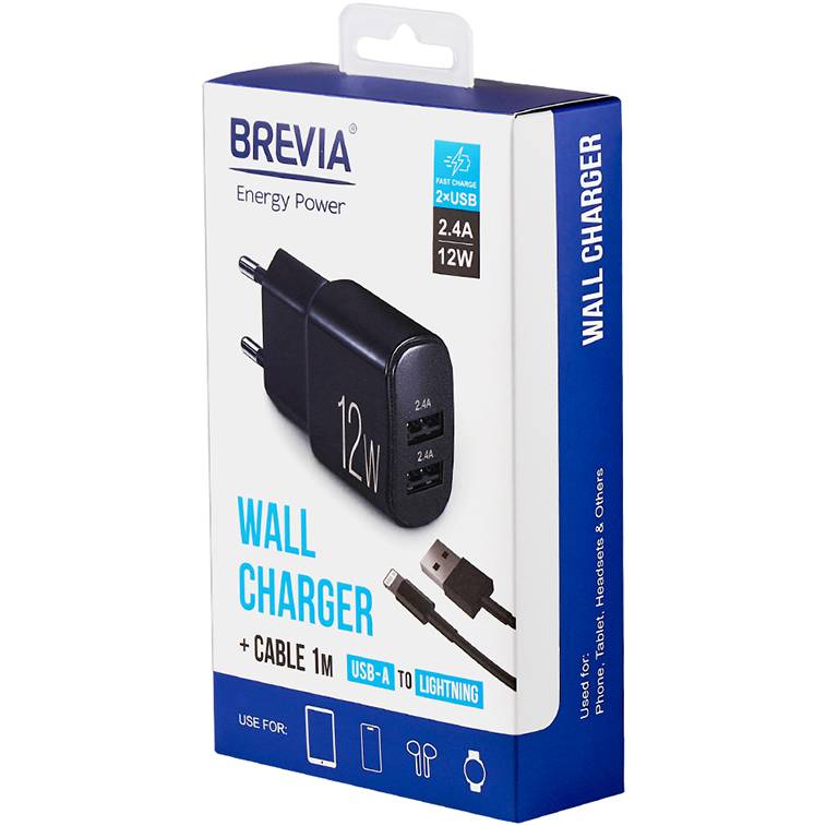 Внешний вид Сетевое зарядное устройство BREVIA ePower 12W 2xUSB-A + Cable USB-A to Lightning 1м Black (45012DULB)