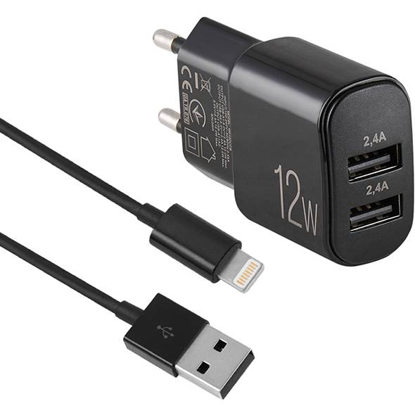 Сетевое зарядное устройство BREVIA ePower 12W 2xUSB-A + Cable USB-A to Lightning 1м Black (45012DULB) Мощность 12