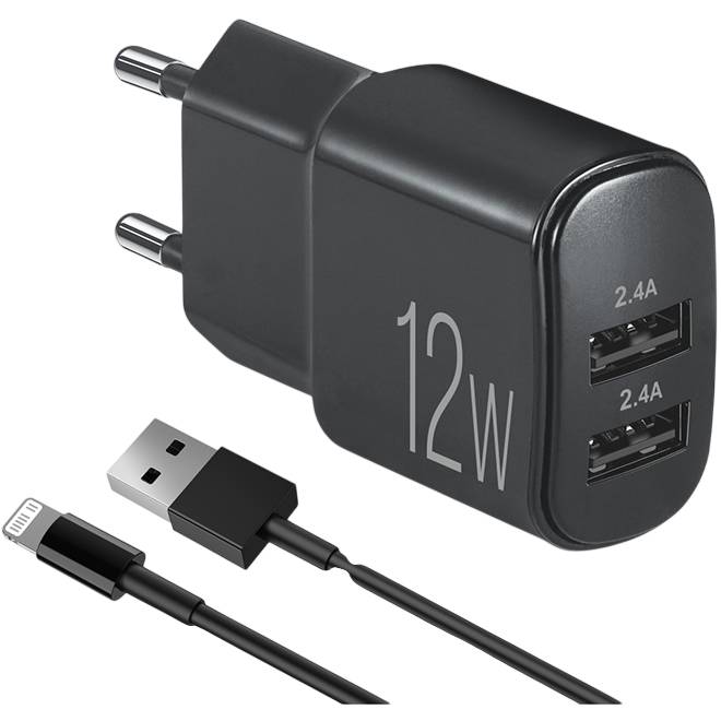 Сетевое зарядное устройство BREVIA ePower 12W 2xUSB-A + Cable USB-A to Lightning 1м Black (45012DULB)