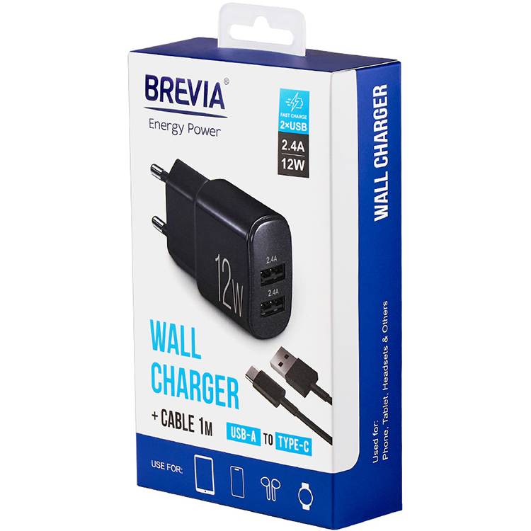 Внешний вид Сетевое зарядное устройство BREVIA ePower 12W 2xUSB-A + Cable USB-A to USB-C 1м Black (45012DUCB)