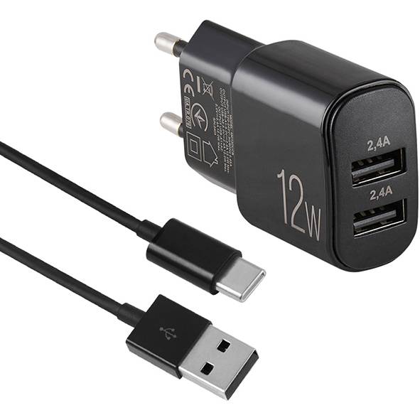 Сетевое зарядное устройство BREVIA ePower 12W 2xUSB-A + Cable USB-A to USB-C 1м Black (45012DUCB) Мощность 12