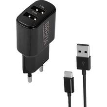 Сетевое зарядное устройство BREVIA ePower 12W 2xUSB-A + Cable USB-A to USB-C 1м Black (45012DUCB)