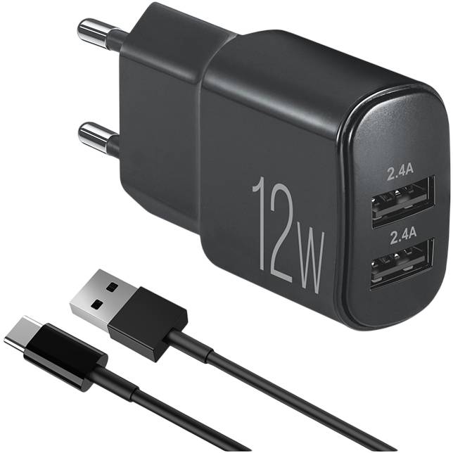 Сетевое зарядное устройство BREVIA ePower 12W 2xUSB-A + Cable USB-A to USB-C 1м Black (45012DUCB)
