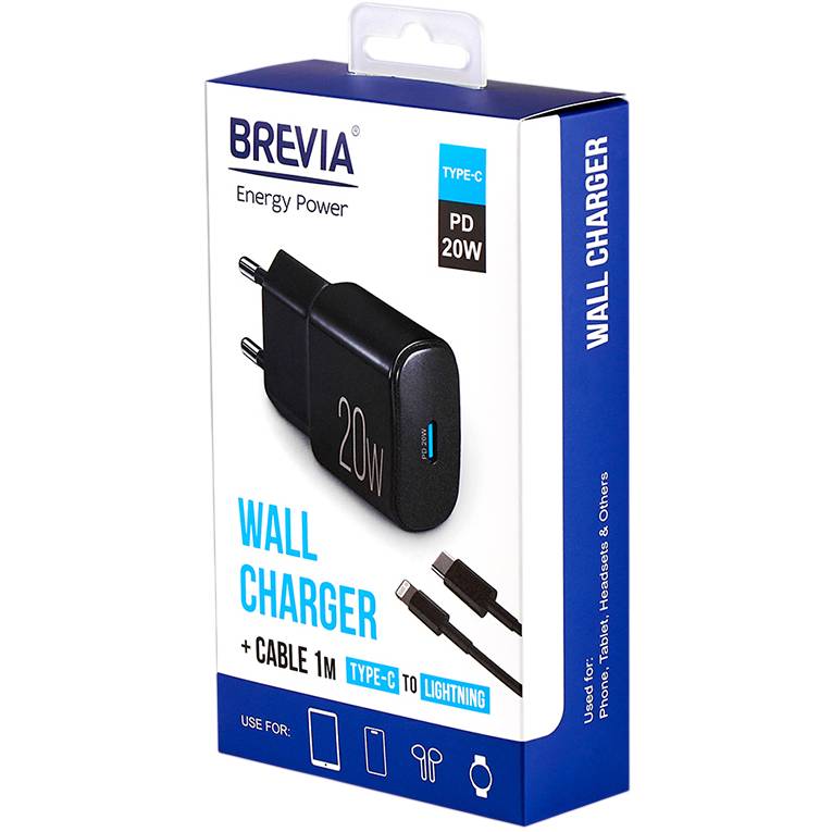 Внешний вид Сетевое зарядное устройство BREVIA ePower PD20W + Cable USB-C to Lightning 1м Black (45020CLB)