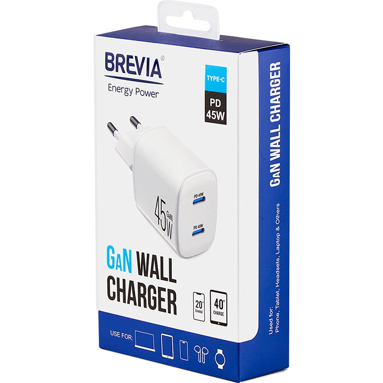 Сетевое зарядное устройство BREVIA ePowerGaN PD45W 2xUSB-C (44045GDCW) Выходной разъем USB Type-C