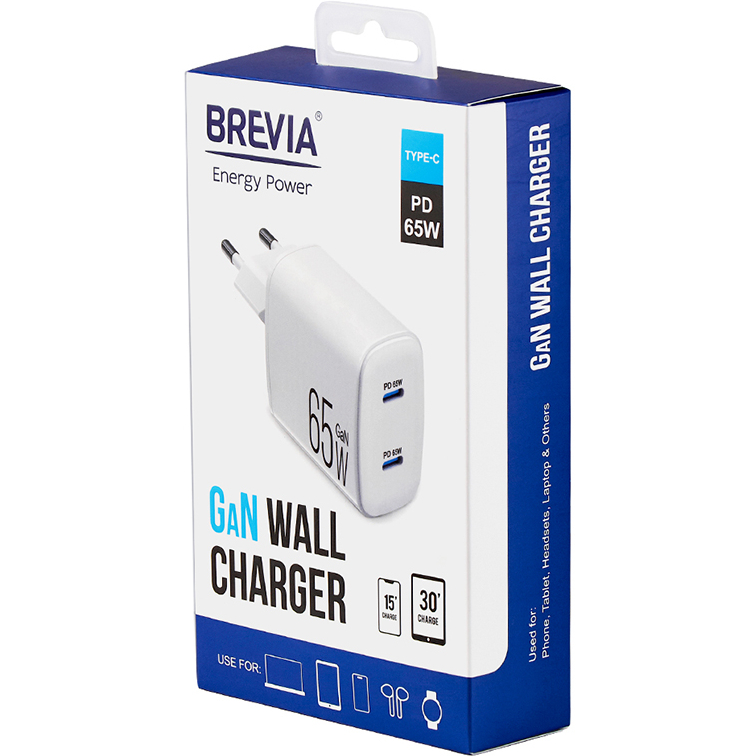 Внешний вид Сетевое зарядное устройство BREVIA ePowerGaN PD65W 2xUSB-C (44065GDCW)