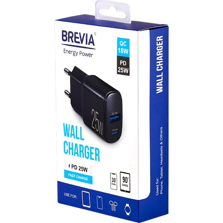 Внешний вид Сетевое зарядное устройство BREVIA ePower PD25W USB-C+USB-A (45025CAB)