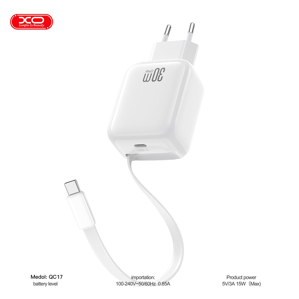 Сетевое зарядное устройство XO QC1730W Gallium Nitride FC с кабелем Retractable USB Type-C (XO-QC17) Кабель несъемный