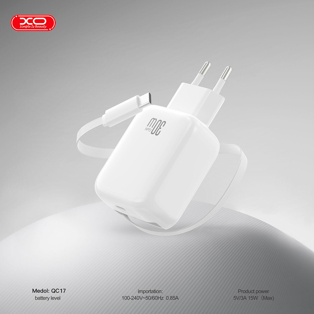 Сетевое зарядное устройство XO QC1730W Gallium Nitride FC с кабелем Retractable USB Type-C (XO-QC17) Тип кабеля USB Type-С
