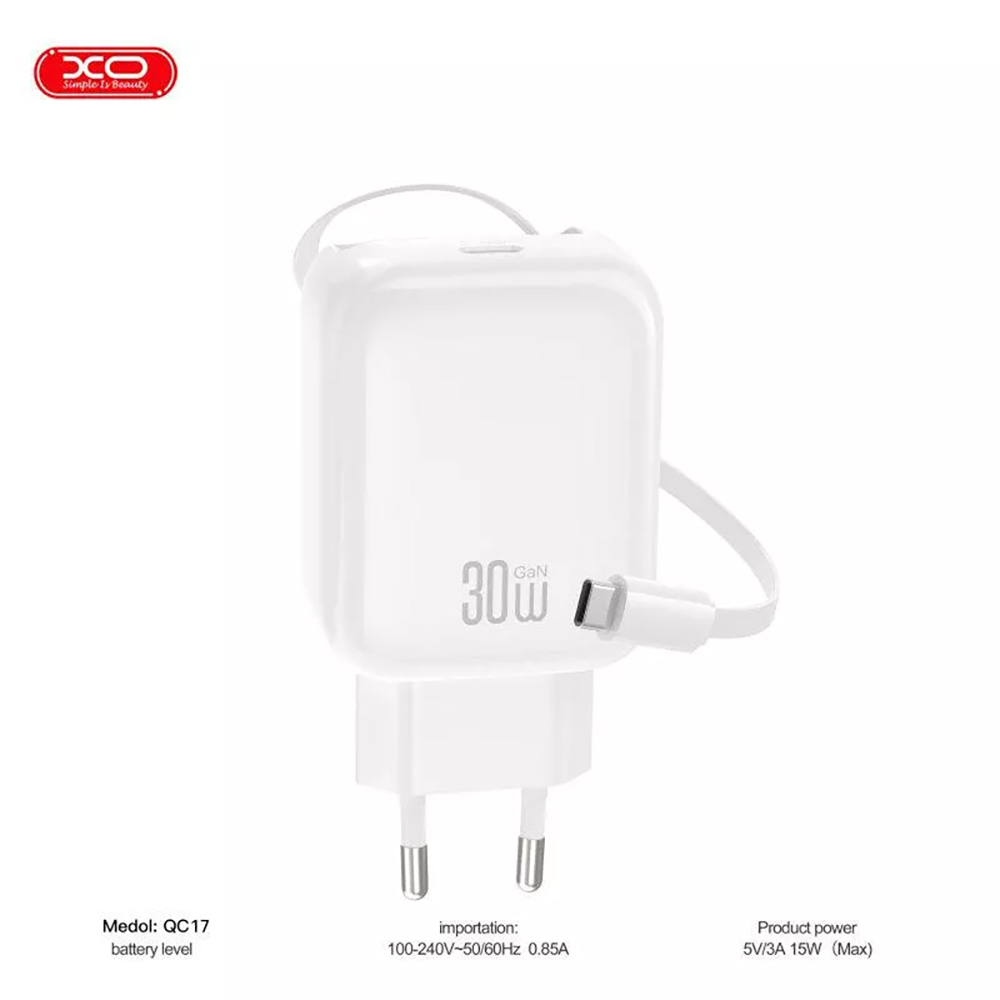 Сетевое зарядное устройство XO QC1730W Gallium Nitride FC с кабелем Retractable USB Type-C (XO-QC17) Тип сетевое зарядное устройство