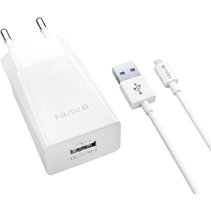 Сетевое зарядное устройство BAVIN PC895Y-M 18W USB-A 2.4A Fast Charging + кабель USB-A/Micro-USB White (C-PC895Y-M WH)