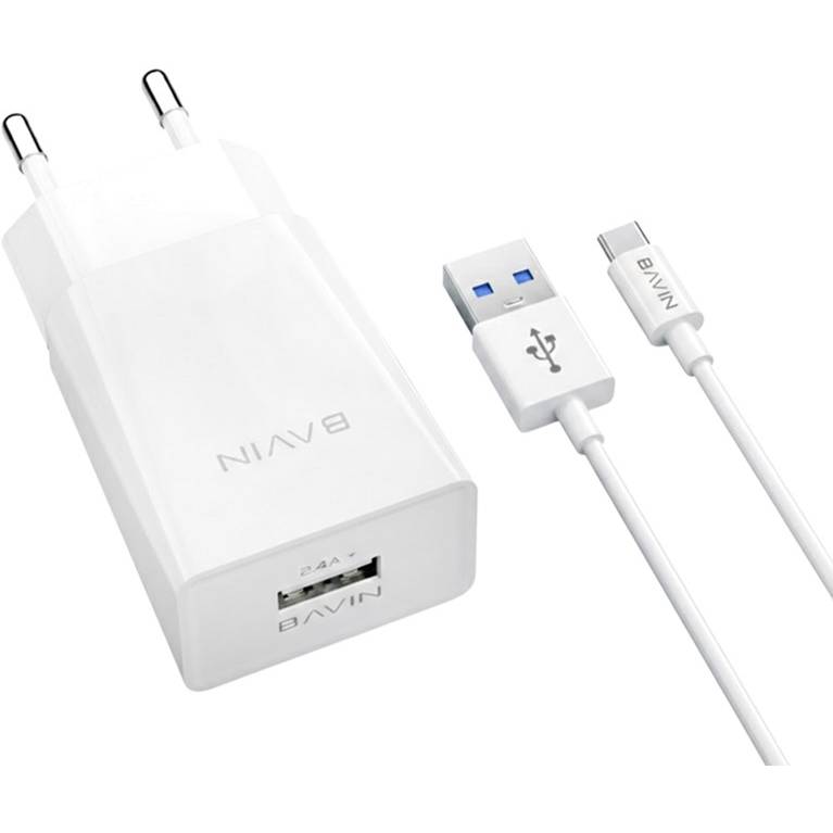 Сетевое зарядное устройство BAVIN PC895Y-C 18W USB-A 2.4A Fast Charging + кабель USB-A/Type-C White (C-PC895Y-C WH)