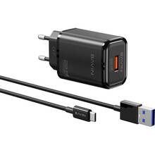 Зарядний пристрій BAVIN PC2029Y-C 22.5W USB-A 3.0A Super Quick Charge + кабель USB-A/Type-C Black (C-PC2029Y-C BK)