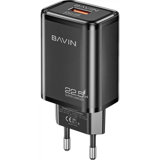 Зарядний пристрій BAVIN PC2029Y-C 22.5W USB-A 3.0A Super Quick Charge + кабель USB-A/Type-C Black (C-PC2029Y-C BK) Потужність 22.5