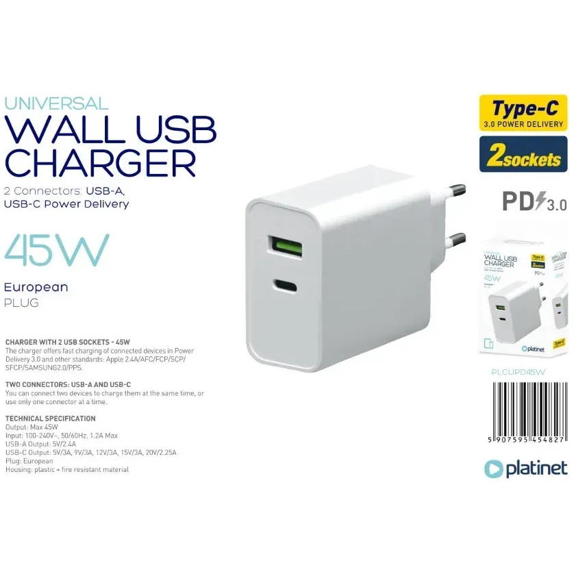 Сетевое зарядное устройство PLATINET WALL CHARGER 45W (PLCUPD45W) Мощность 45