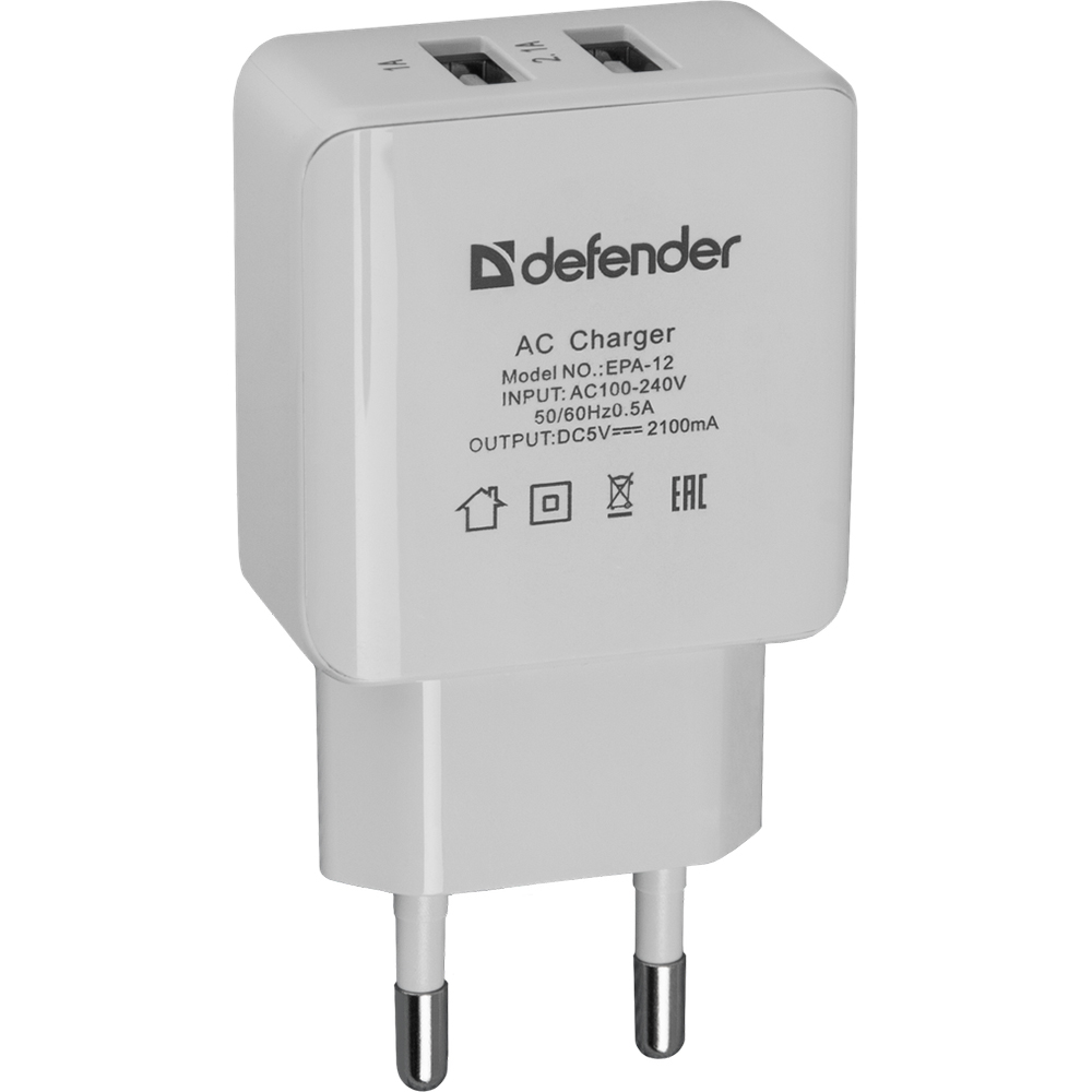 Зарядний пристрій DEFENDER EPA-12, 2 port USB, 5V/1A+2A (83530)