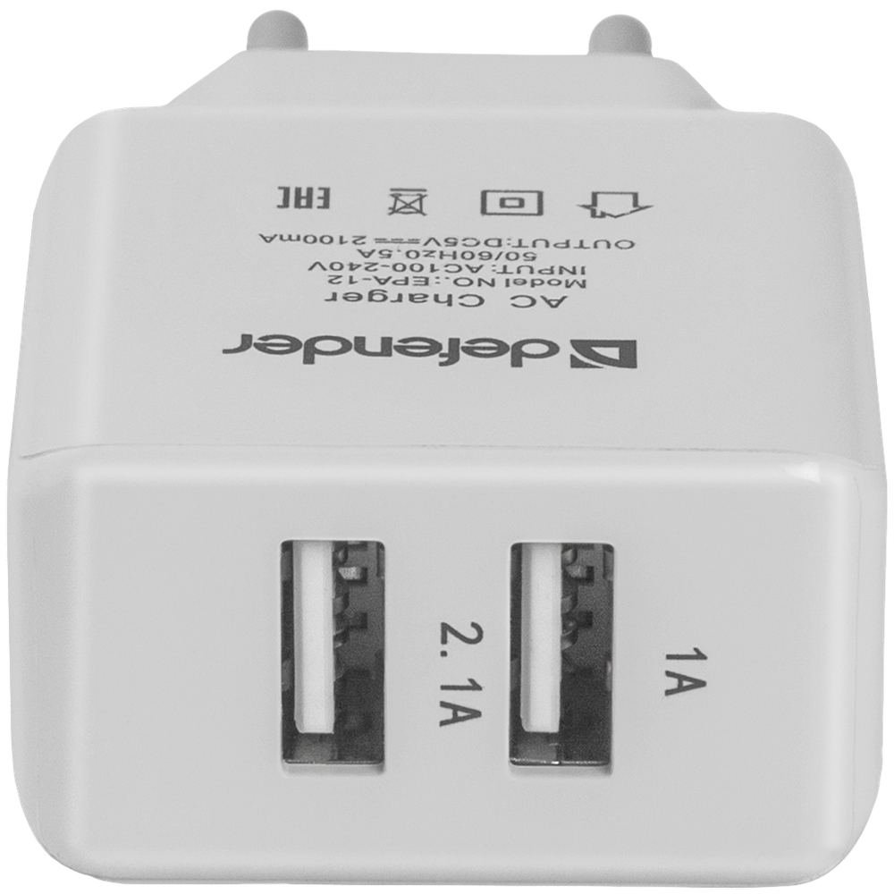 Зарядний пристрій DEFENDER EPA-12, 2 port USB, 5V/1A+2A (83530) Тип мережевий зарядний пристрій