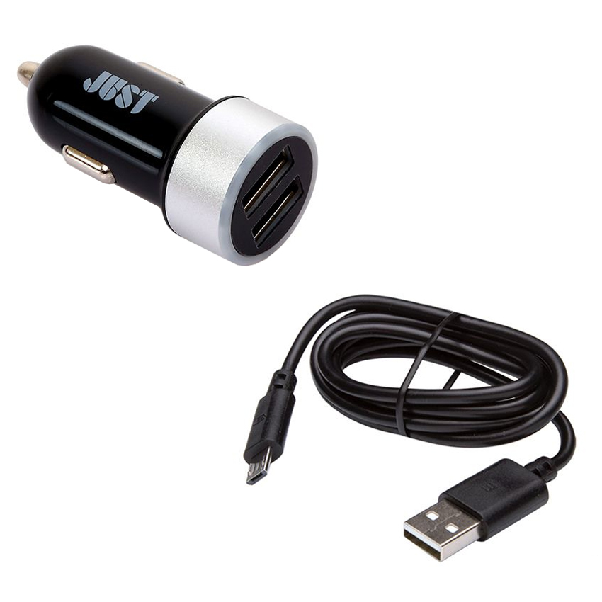 Автомобільний зарядний пристрій JUST Dual USB Car Charger Black/Silver + Cable (CCHRGR-MTNMU-BLCK)