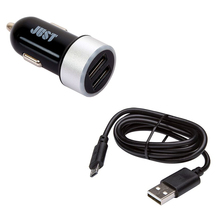 Автомобильное зарядное устройство JUST Dual USB Car Charger Black/Silver + Cable (CCHRGR-MTNMU-BLCK)