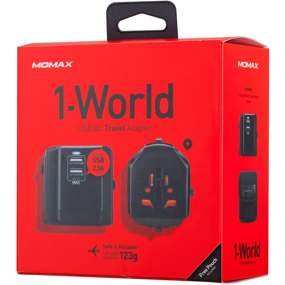 Зовнішній вигляд Зарядний пристрій MOMAX 1-World USB AC Travel Adapter Black (UA1D)