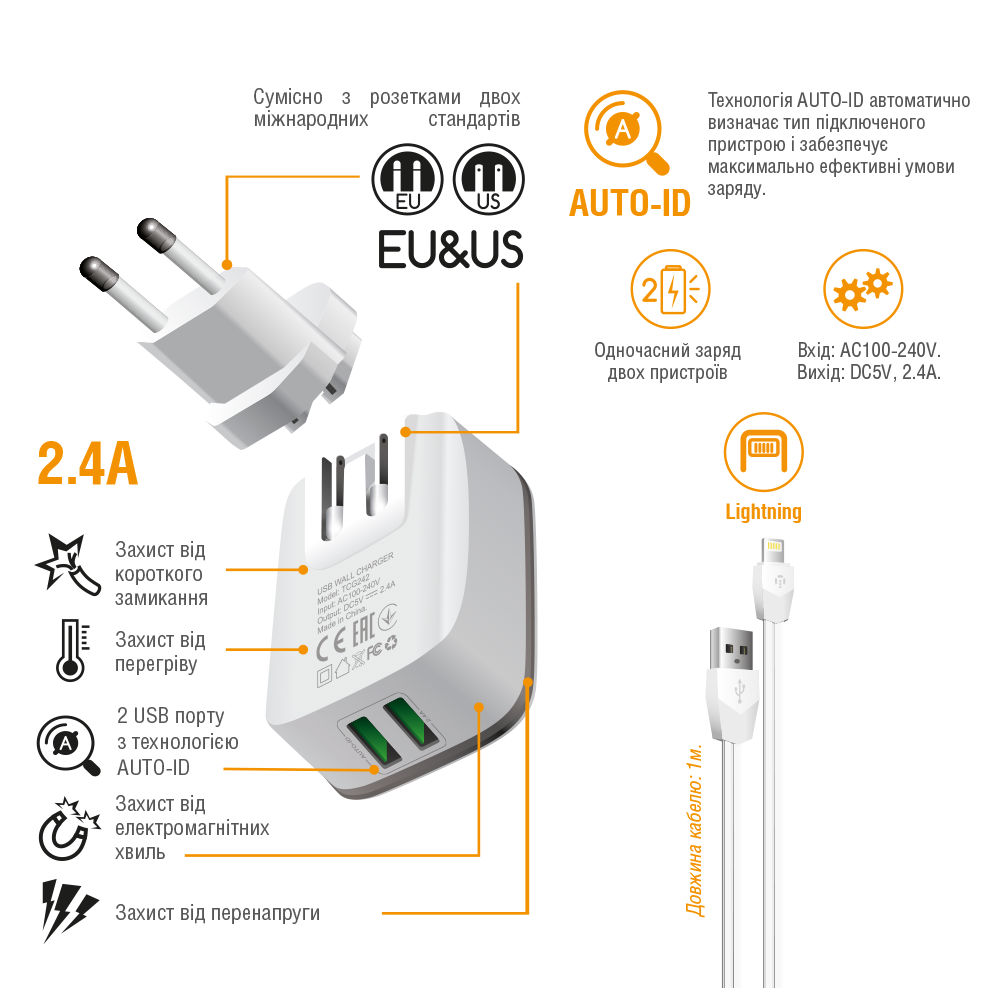 Сетевое зарядное устройство INTALEO TCG242CL White Тип сетевое зарядное устройство