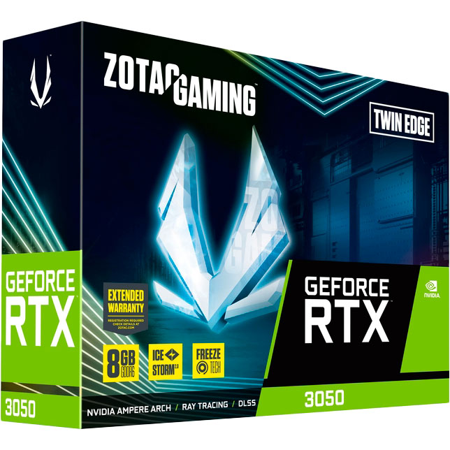 Фото Видеокарта ZOTAC GeForce RTX3050 GAMING Twin Edge 8GB GDDR6 128-bit 14000MHz (ZT-A30500E-10M)