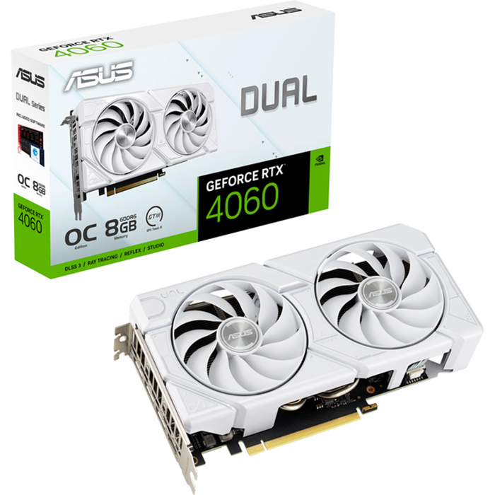 В інтернет магазині Відеокарта ASUS Dual GeForce RTX 4060 EVO White OC Edition 8GB GDDR6 (DUAL-RTX4060-O8G-EVO-WHITE)