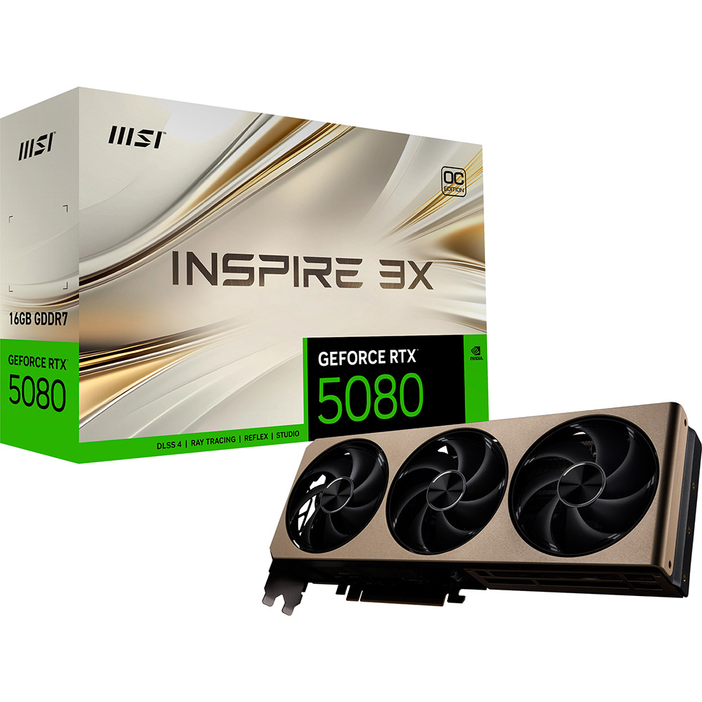 В интернет магазине Видеокарта MSI GeForce RTX 5080 INSPIRE 3X OC 16GB GDDR7 256bit 2640/30000MHz (RTX 5080 16G INSPIRE 3X OC)