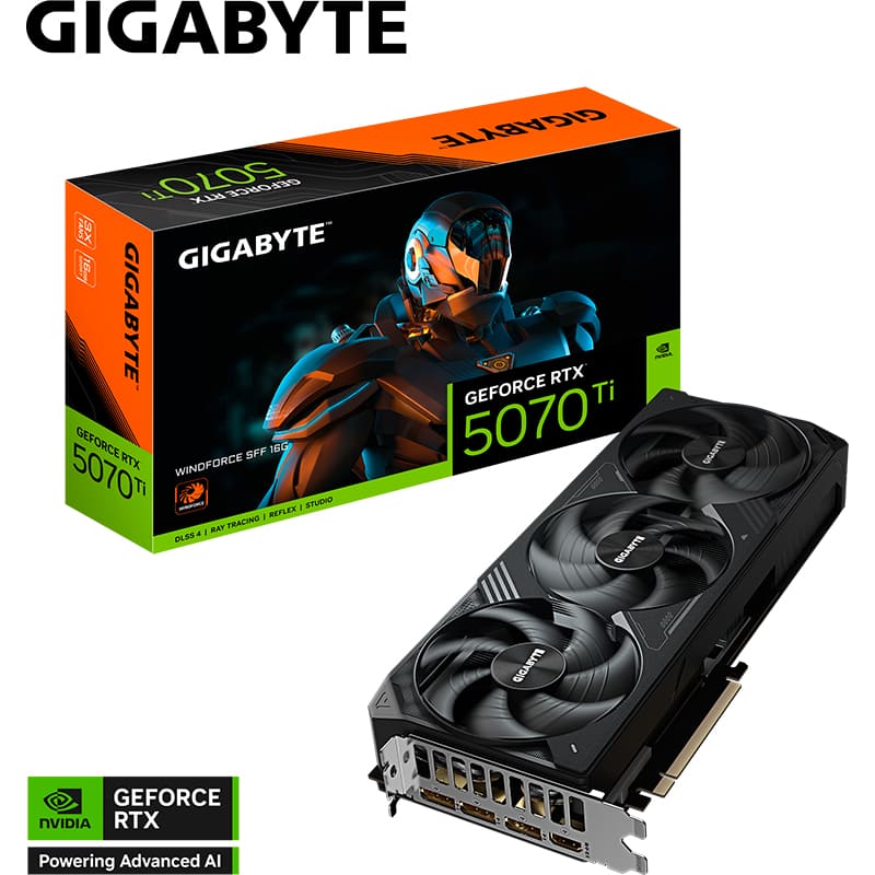 Изображение Видеокарта GIGABYTE GeForce RTX 5070 Ti 16GB 256Bit 2452/28000MHz Windforce OC SFF (GV-N507TWF3-16GD)