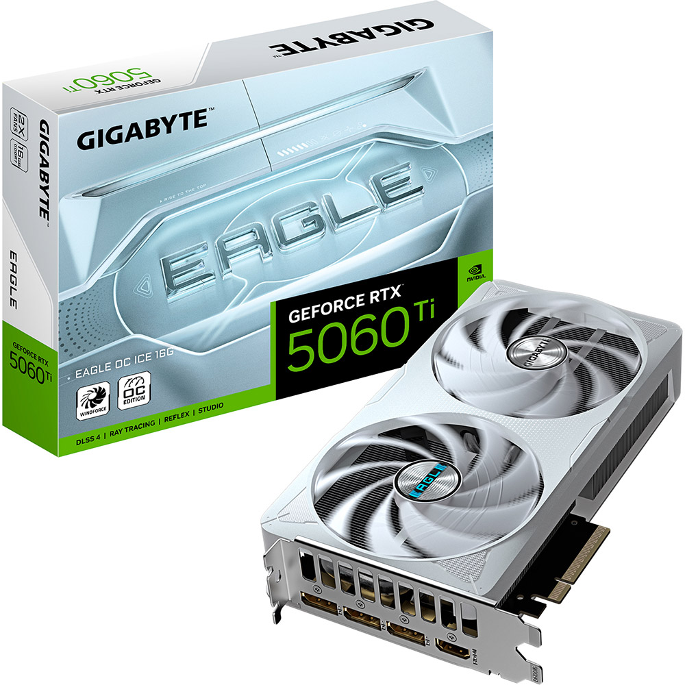 Зображення Відеокарта Gigabyte GeForce RTX 5060 Ti EAGLE OC ICE 16G GDDR7 128bit 2572/28000MHz (GV-N506TEAGLEOC ICE-16GD)