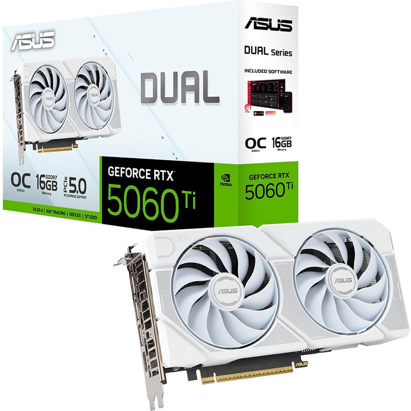 В Фокстрот Видеокарта ASUS GeForce RTX 5060 TI 16GB 128bit 2602/28000MHz OC Dual White (90YV0MH6-M0NA00)